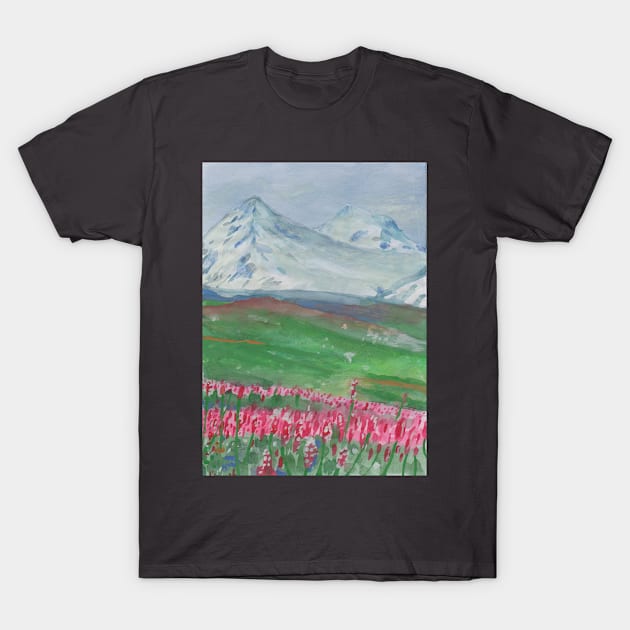 Landscape with mountains and flowers T-Shirt by deadblackpony